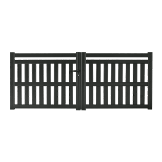 portail aluminium avec cadre et remplissage à lames verticales ajourées avec 2 traverses hautes et une traverse intermédiaire - par Sidonie